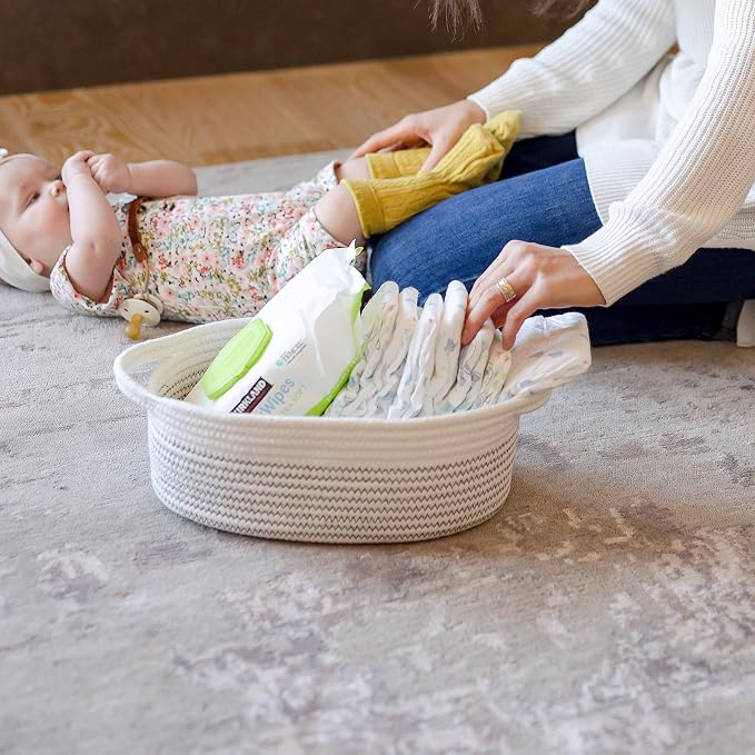 NaturalCozy 3-Piece Oval Storage Basket Set– Cotton Rope Woven Baskets for Storage, Gift Basket Empty, Toy Basket, Soft Baby Basket for Nursery, Cat Dog Toy Baskets, Small Basket (Black Stitching)
