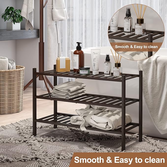 Bamboo Shoe Rack Stackable Shoe Shelf Storage Organizer for Unit Entryway Hallway and Closet Sturdy Freestanding Shoe Shelf(3 Tier Brown)