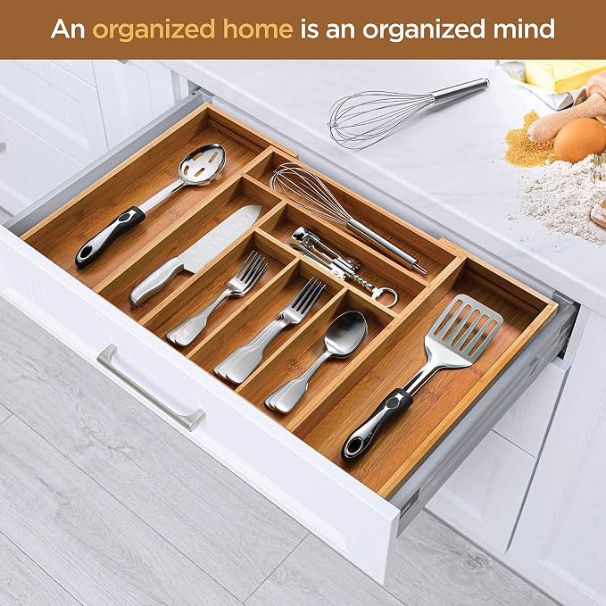 Bamboo Drawer Organizer - 8 Compartment Expandable Silverware Organizer and Utensil Holder, 17 Inch Long, 13 to 22 Inch Wide, 2 Inch Deep Kitchen Cutlery Tray Insert for Flatware Knives Large Utensils