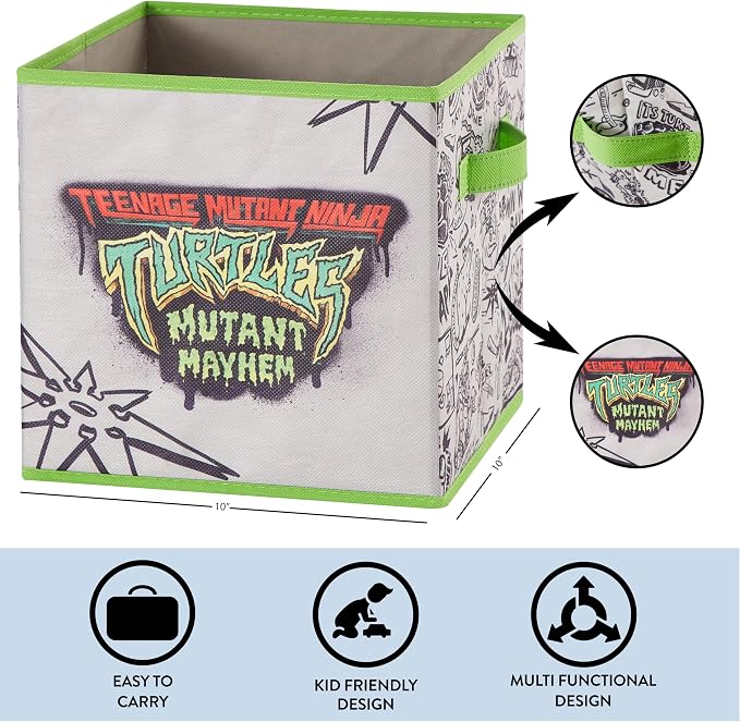 Teenage Mutant Ninja Turtles: Mutant Mayhem Storage Cubes – Set of 2 Collapsible Fabric Bins, 10x10 Inch - Kids Toy Organizer Baskets for Bedroom, Playroom, Closet – TMNT Room Decor