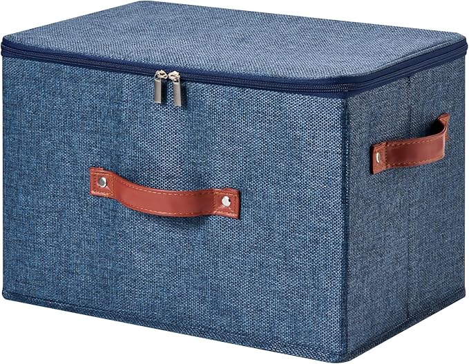 Storage Bin Box with Zippered Lid Cotton Linen Fabric Decorative Basket PU Leather Handles PP Plastic Board Foldable Lidded Clothing Shelf Closet Organizer Container (Denim Blue, Large)