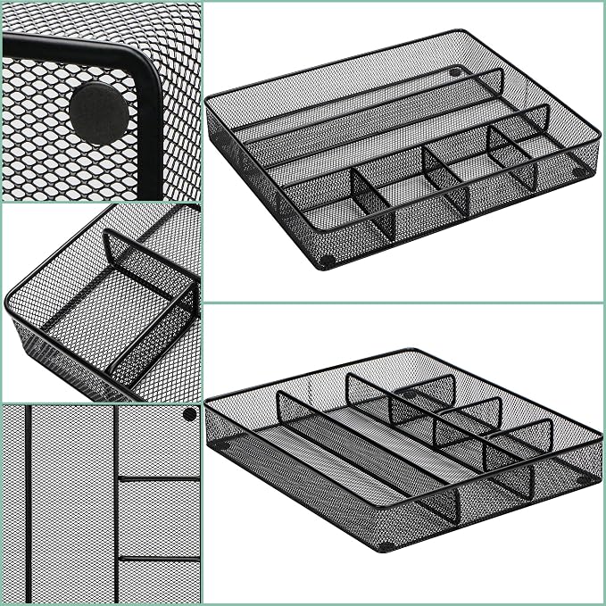 Annova Desk Top Organizer Tray for Office Organization - Metal Mesh - Storage Tray with Dividers for Pens, Desktop Accessories, Bathroom, Kitchen, Makeup and Office Supplies (Large, Black)