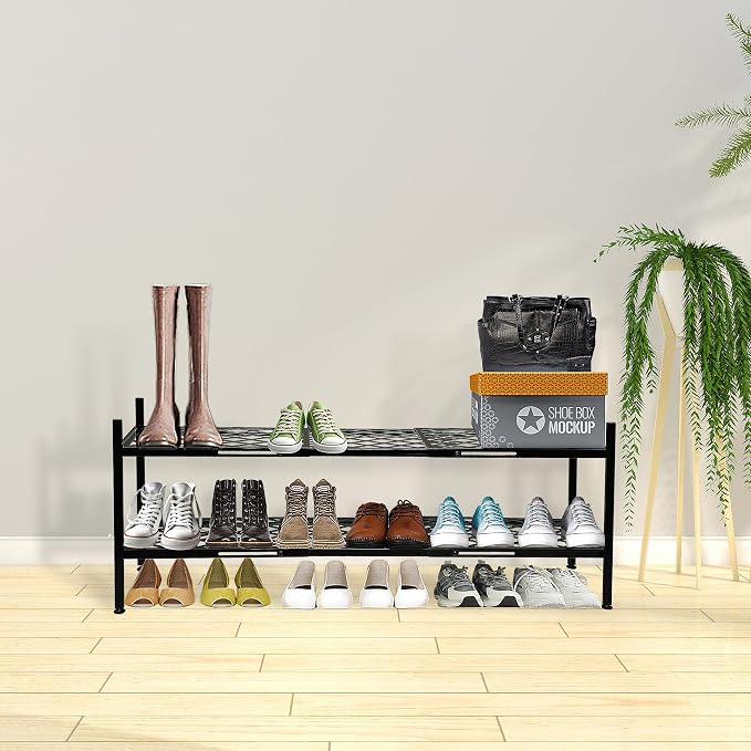 Shoe Rack, 45.6" Expandable Shoes Storage Metal Shoe Shelf Stand 2-Tier Stackable Boot Organizer for Closet, Entryway, Garage, Bedroom, Door Entrance, Black