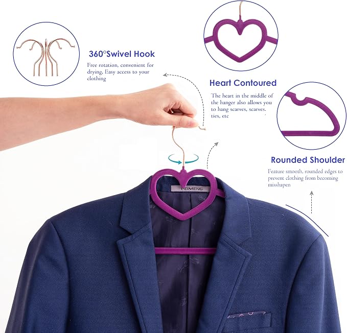 Velvet Hangers 50 Pack,16 Inch Non Slip Adult Hanger(Dark Purple) | 360° Swivel Hooks, Cascade Design, Space Saving