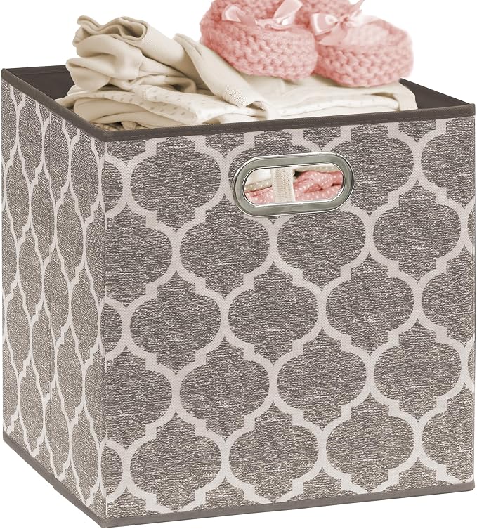 Simple Houseware 11-Inch Collapsible Fabric Cube Storage Bin with Handles, Printed Design, 6 Pack, Beige
