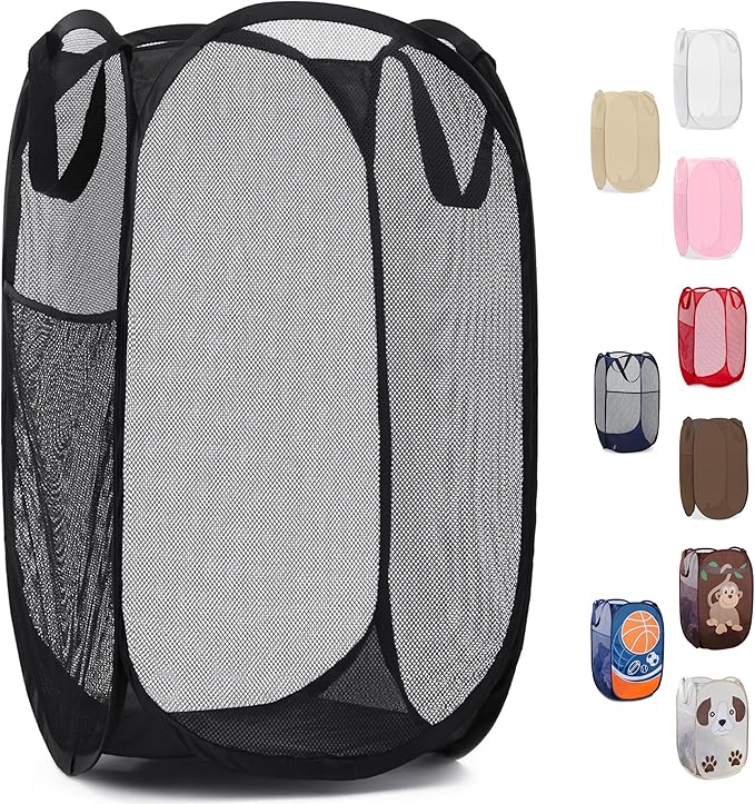 Handy Laundry Collapsible Mesh Pop Up Hamper with Wide Opening and Side Pocket - Breathable, Sturdy, Foldable, and Space-Saving Design for Clothes and Storage (Black)