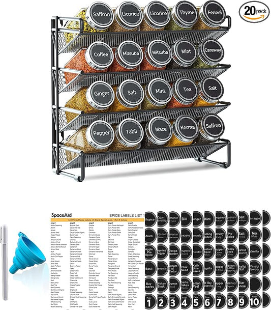 SpaceAid Spice Rack Organizer with 20 Spice Jars, 386 Spice Labels, Chalk Marker and Funnel Set for Cabinet, Countertop, Pantry, Cupboard or Door & Wall Mount - 20 Jars, 9.8" W × 10.8“H, Black