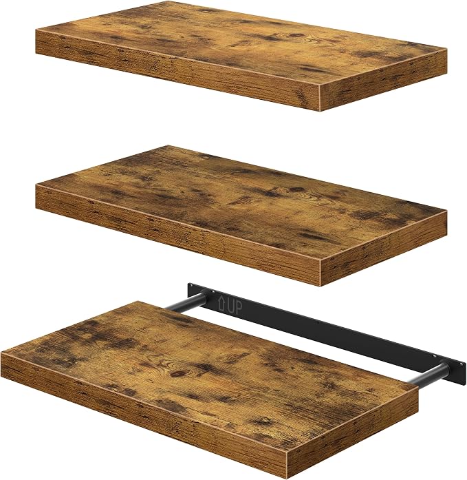 QEEIG 12" Deep Floating Shelves for Wall - 12 x 24 inch Book Shelf Bathroom Bedroom Kitchen Living Room Hanging Bookshelf Farmhouse Set of 3, Brown (026-60BN3)