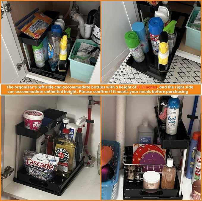Yieach 2 Pack 10.8″ High Pull Out Under Sink Organizer,14.5″ Deep 2 Tier Slide Out Cabinet Organizer for Kitchen Cabinet,Undersink Organizers,Under Sink Shelves,Bathroom Organizers and Storage,Black