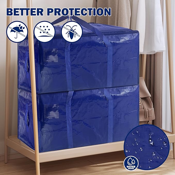 16 Pack Extra Heavy Duty Large Moving Bags with Strong Zipper & Carrying Handles, Sturdy Clothes Storage Bag Totes Bins, Packing Bags Moving Boxes College Moving Supplies, Dark Blue - 24 gal