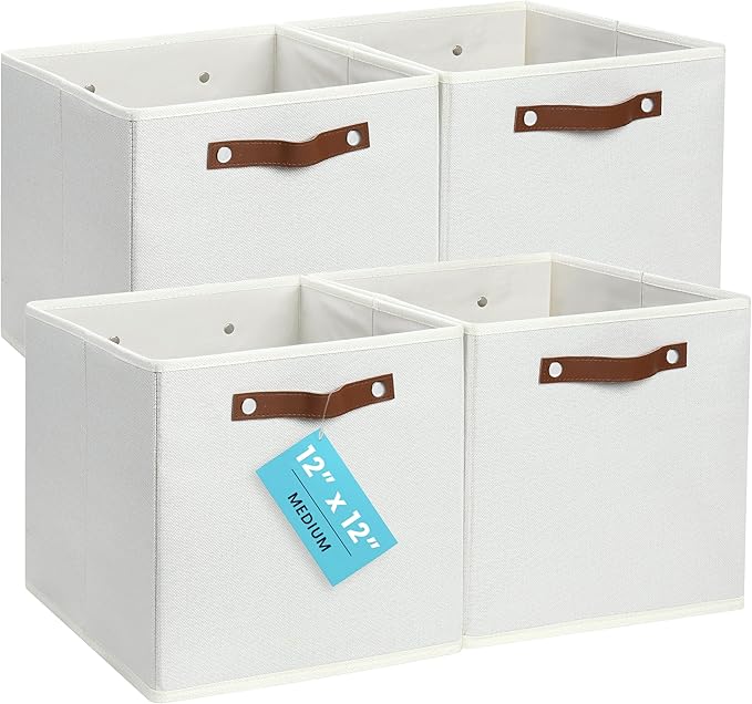 OrganiHaus 12x12 Cube Storage Bins, Set of 4 - Fabric Storage Cubes | Sturdy, holds its shape; odor-free; fits 12-inch cube shelves; vegan leather handles