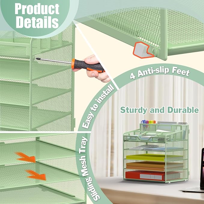 Docnest 5 Tier Mesh Desk Organizer for Paper Office Supplies – Multi-Functional Letter Tray with 5 Adjustable Compartments, 3 Pen Holders, Desktop Storage for Files, Mail, Stationery – Green