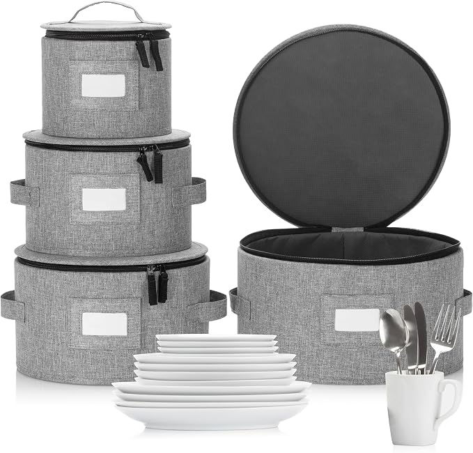 Stack Store Plus More Set of 4 China Storage Cases for Dinnerware - Hard Shell and Stackable - Sizes: 12" - 10" - 8.5" and 7" W - 48 Plate Separators Included