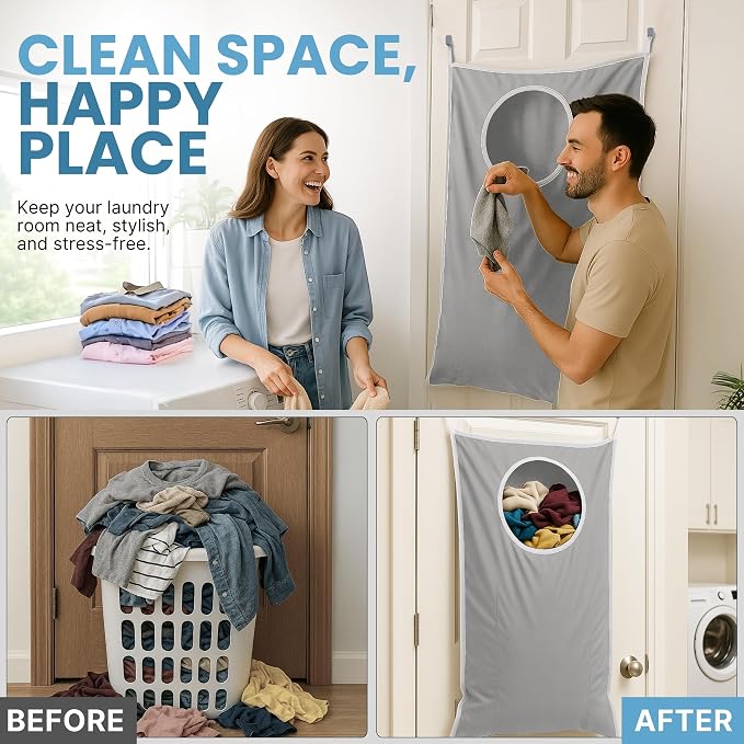 Hanging Laundry Hamper Bag XL 40x22", Space Saving over the Door Storage Bags, Behind the Door Hampers for Dirty Clothes & Wall Mounted Basket for Bathroom