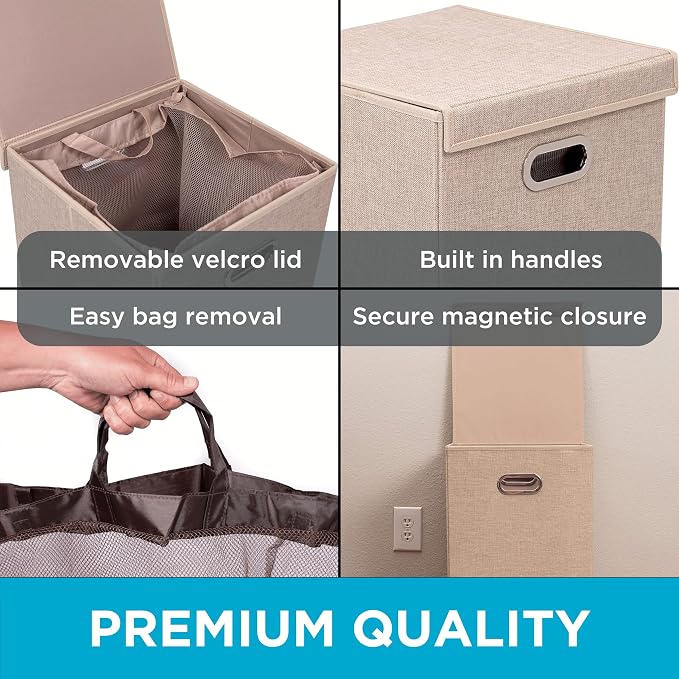 BIRDROCK HOME Single Laundry Hamper with Lid and Removable Liner | Linen | Easily Transport Laundry | Foldable Hamper | Cut Out Handles