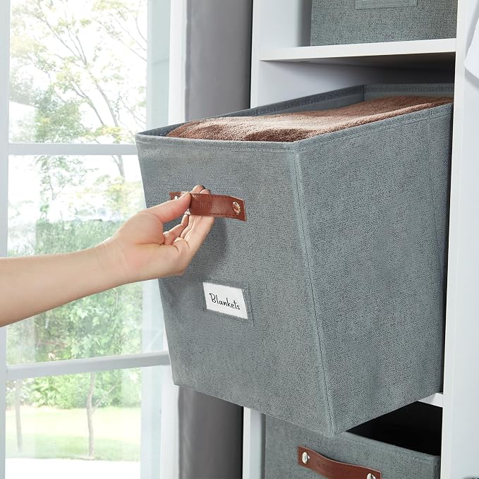 DECOMOMO Storage Bins, Storage Baskets for Shelves | 13" x 15" x 13" Storage Cube Bins with Labels for Organizing Shelves (Kallax, 4pcs, Texture Grey)
