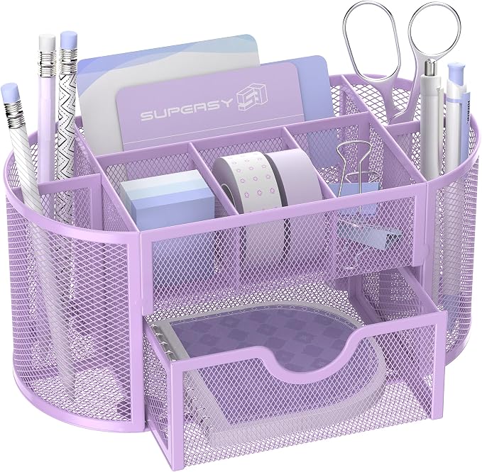 SUPEASY Mesh Desk Organizer, Desk Accessories & Workspace Organizers with Drawers, Pencil Holder for Desk with 9 Compartments for Office Suppliess, School, Classroom, 8.6 x 4.3 x 4.1 Inch, Purple