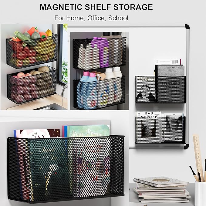 Magnetic Baskets Shelf Bins Organizer Holder Storage Rack Containers for Fridge, Whiteboard, Locker - Home Kitchen Laundry Office School ((1-Pack) Black/XL)