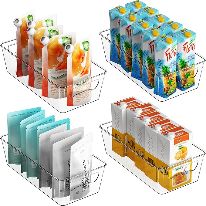 Simple Houseware Clear Storage Bins Organizer for Freezer / Fridge / Pantry, 12'' x 6.2'' x 3.4'', 4 Packs
