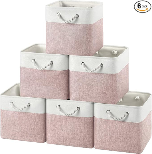12x12 Storage Cube Bins, 6 Pack Reinforced Bottom Cardboard Foldable Box, Organizer for Closet Shelves, Heavy Home Storage Baskets (White Pink)