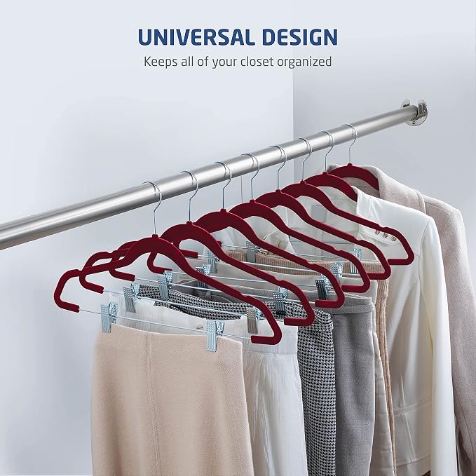 Zober Velvet Hangers with Clips - 20 Piece Set for Pants, Skirts, Suits, Dresses & Shirts - Notched Burgundy Velvet, Non Slip Felt, 360 Degree Hook