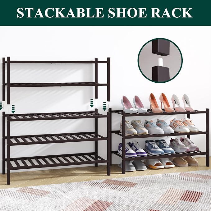 Smiry Bamboo Shoe Rack for Closet, 6 Tier Wooden Shoe Organizer, Stackable Wood Shoe Storage Shelf for Entryway, 14 Vertical Slats, 3+3 Stack Heavy-Duty Legs, 26.77"x11.02"x36.61", Brown