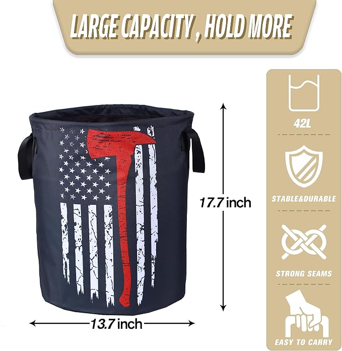 American Flag Red Line Ax Laundry Basket Firemen Foldable Oxford Cloth Funny Tote Bag Laundry Hamper Clothes Storage Bucket Organizer For Bathroom/Laundry Storage /Bedroom18.9x16.5 Inch
