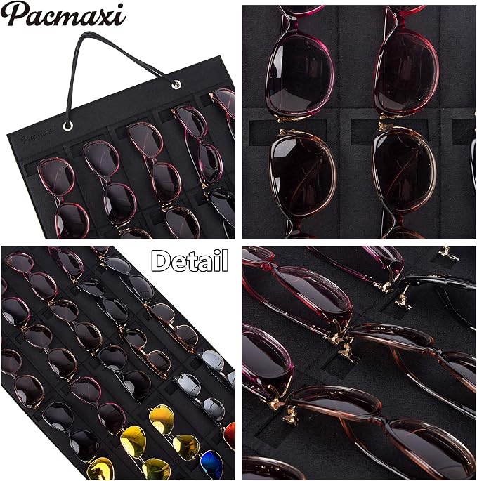 PACMAXI Sunglasses Storage Organizer, Wall Pocket Mounted by Sunglasses, Hanging Eyeglasses Storage Holder, Eyewear Display. (black, 25 Slot)