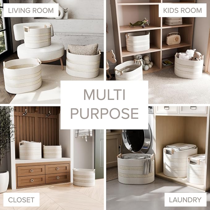 RGI Home Storage Baskets for Organizing, Textured Linen and Fabric Rope, Set of 3 Oval Decorative Woven Bins, Multi-Sized with Easy-Carry Premium Wooden Handles, Cream with Ivory Trim