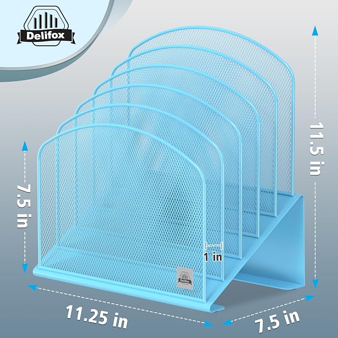 Delifox Inclined Desk File Organizer,Vertical File Folder Holder Stand Metal Rack File Sorter for Office Classroom Desktop Organization (1, Blue, 5)