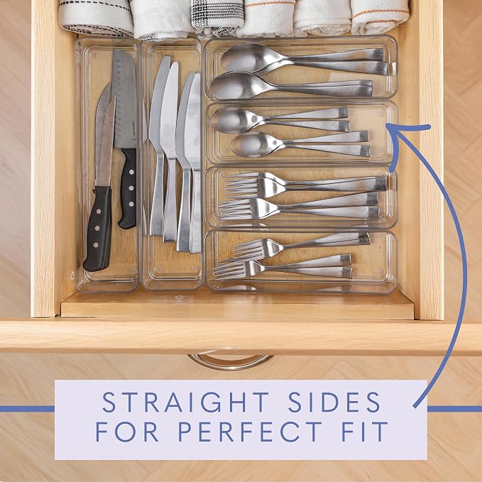 primebox Six Pcs. Plastic Clear Drawer Organizers. Stackable Storage Trays for Kitchen Utensils and Silverware. 2 Sizes. Stackable
