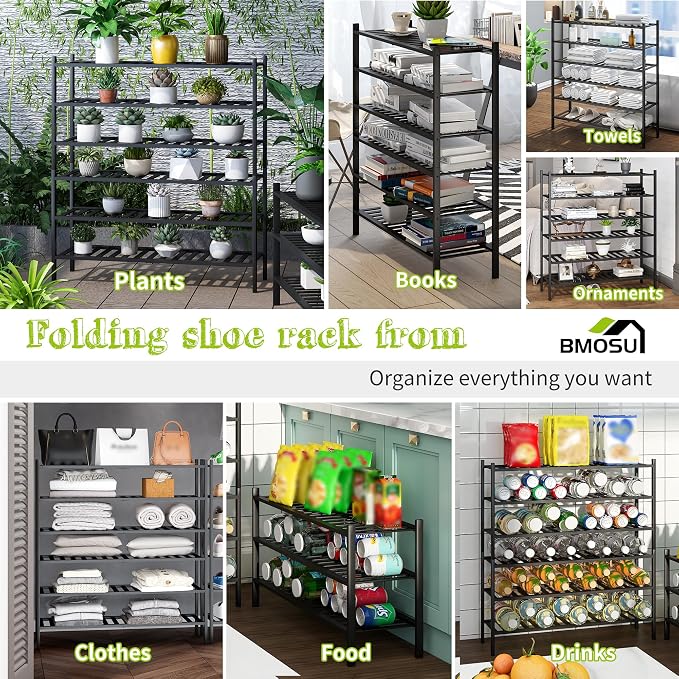 BMOSU 6-Tier Bamboo Extended Shoe Rack Premium Stackable Shoe Shelf Storage Organizer for Hallway Closet Living Room Entryway Organizer (Black Bamboo)