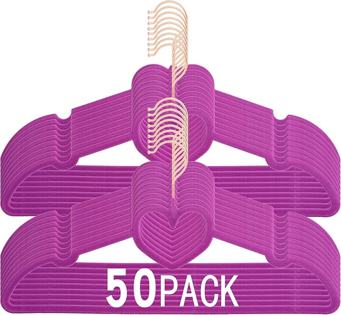 Velvet Hangers 50 Pack,16 Inch Non Slip Adult Hanger(Dark Purple) | 360° Swivel Hooks, Cascade Design, Space Saving
