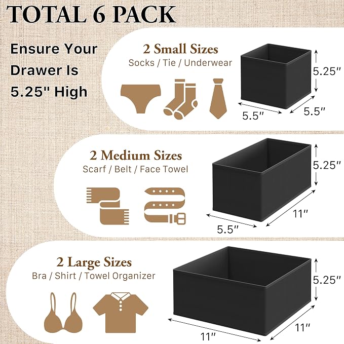 Simple Houseware Underwear Drawer Organizer for Lingerie/Undergarment/Bra/Panty/Sock/Onesie, Set of 6, Black