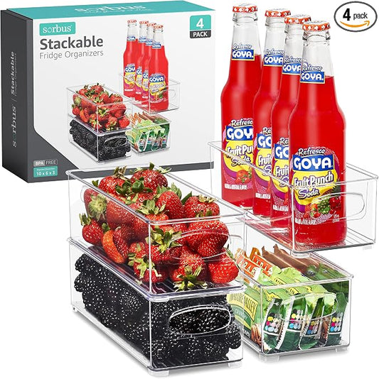 Sorbus Stackable Refrigerator Organizer Bins - Clear Storage Bins for Kitchen Pantry, Freezer & Fridge Organization - Food Organizing Plastic Containers with Handles for Countertops & Drawers (4 Pack)