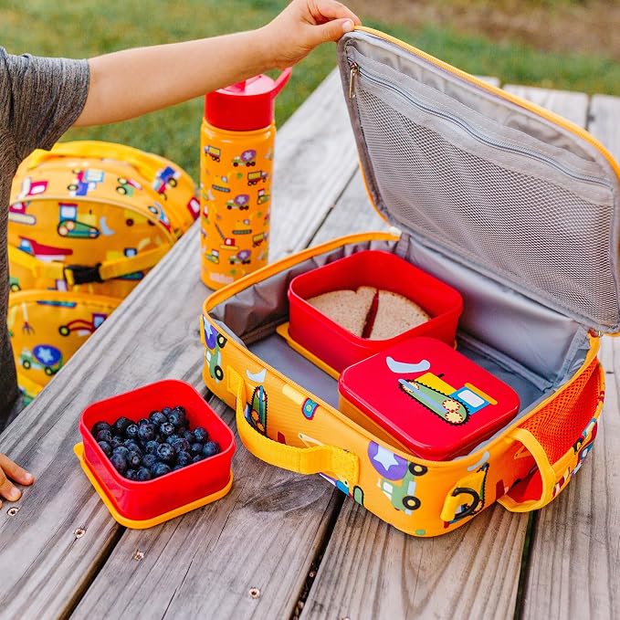 Wildkin Set of 3 Kids Nesting Food Containers for Boys – Stackable, Airtight & BPA-Free Snack Containers, Dishwasher Safe Lunch Box Containers for School & Travel, Ages 3–12 – Under Construction