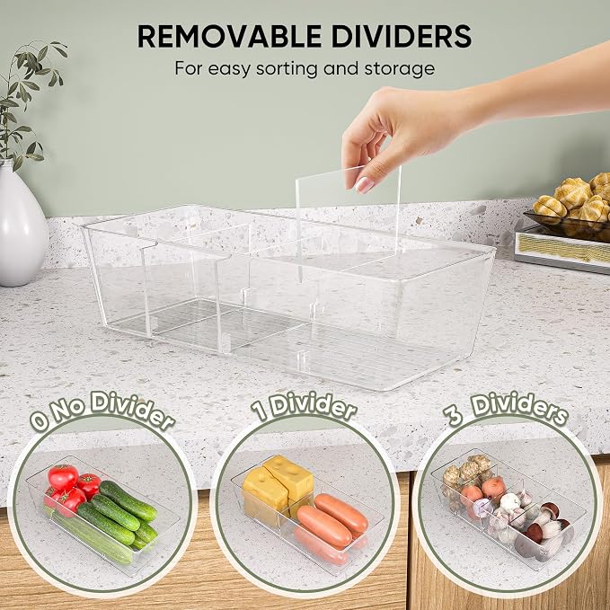 BALEINE Clear Plastic Storage Bins with 3 Removable Dividers, Pantry Organization, BPA Free Stackable Refrigerator Organizers and Storage for Kitchen Fridge Cabinet Bathroom (10.5x6.1x3.5, 4PK)