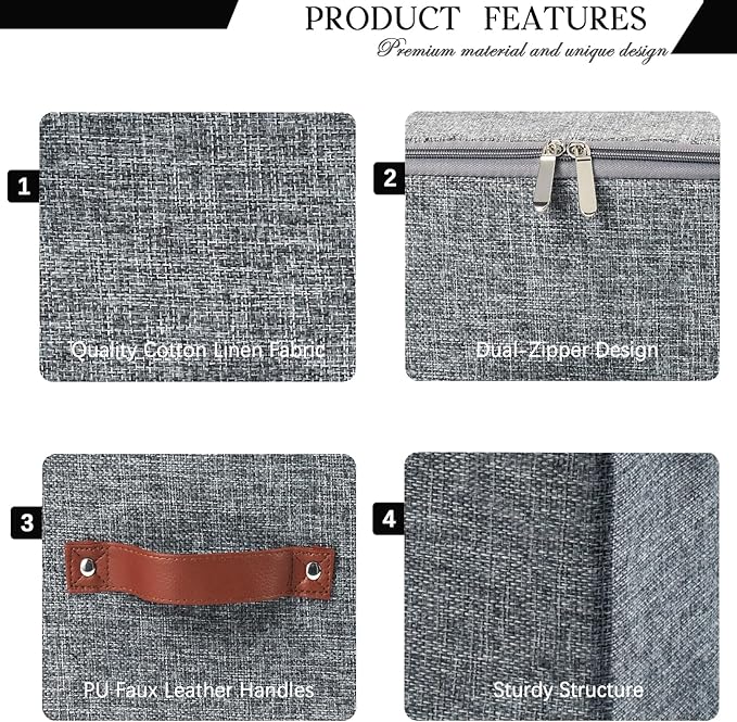 Storage Bins with Zipper Lid Foldable Fabric Lidded Storage Boxes Baskets Cubes Washable Collapsible PU Leather Handle Cotton Linen Fabric Shelf Closet Organizer Container(Gray, Small Size)