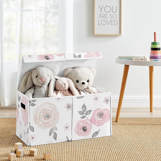 Sweet Jojo Designs Collapsible Small Fabric Toy Bin (Pink/Grey Boho Floral) for Girls, Kids, Childrens Small Storage Box Chest (Watercolor, Flower, Elegant Rose, Shabby Chic, Farmhouse, Nature, Blush)