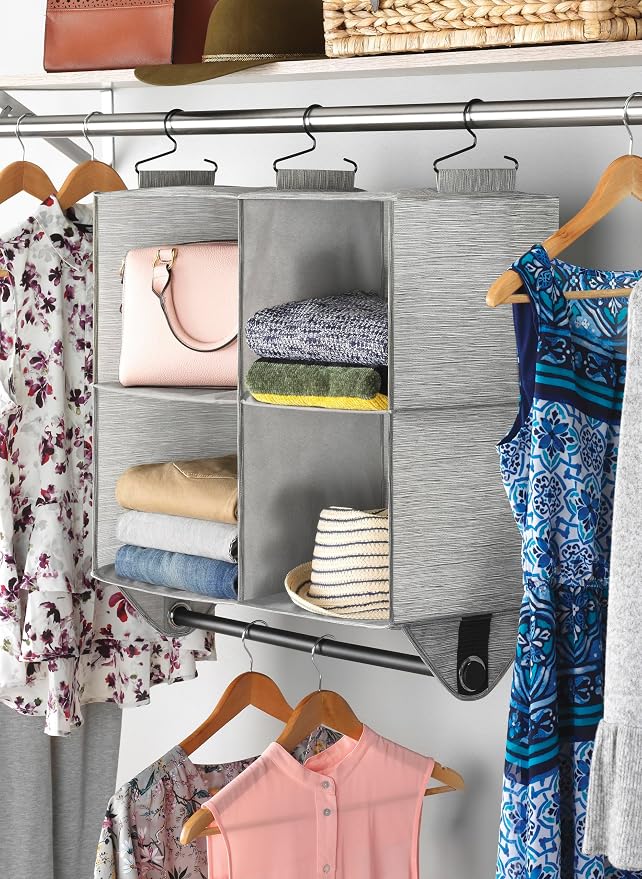 Whitmor Hanging Closet Organizer - 4 Section Closet Organizer with Garment Rod - Space-Dyed Grey