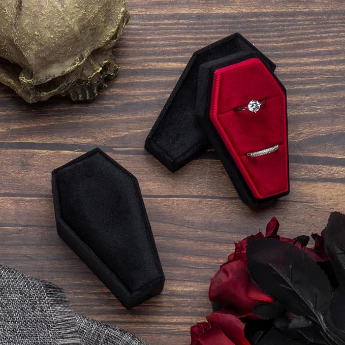 Velvet Coffin Ring Box Case Holder for Gothic Wedding Ceremony,Gothic Jewelry Organizer Decorations (Black and Red)