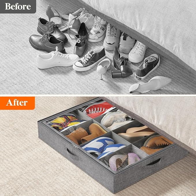 Lifewit Under Bed Shoe Storage Organizer Fits 8 Pair Sneakers, 4.3 Inches Tall Sturdy Structure Ultra Thick Fabic Sneaker Storage, Foldable Underbed Shoe Boxes for Heels, Boots, Sports Shoes 2 Pack