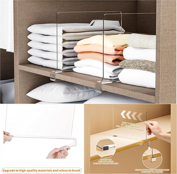 Yieach 6 Pack Clear Acrylic Shelf Divider for Closet Organization - 9.2″ Tall Closet Dividers for Wood Shelves,Cupboard,Vertical Shelf Separators in Closet for T-Shirt,Purse,Handbag,Sweater Organizer