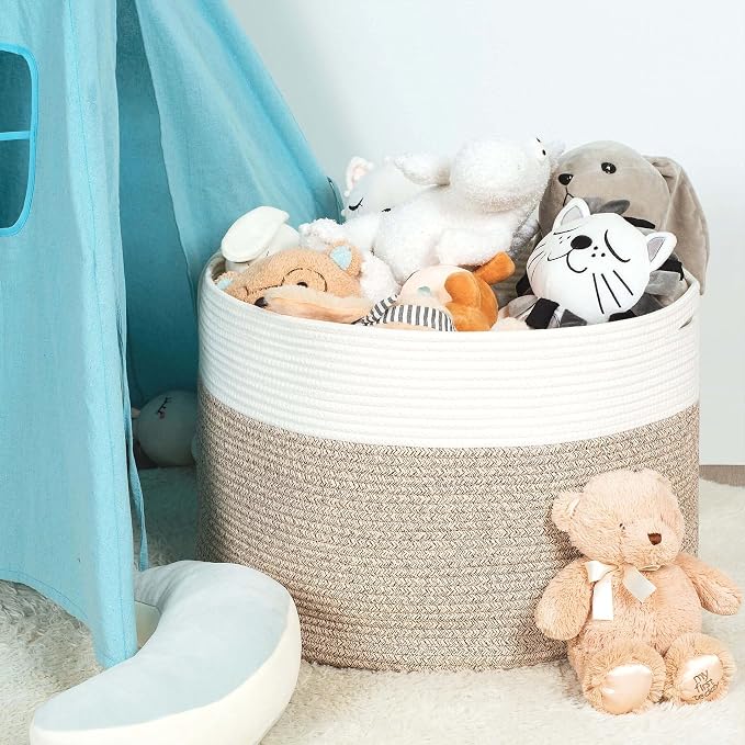 MINTWOOD Design Extra Large 22 x14 Inches Decorative Woven Cotton Rope Blanket Storage Basket Bin Living Room and Laundry Hamper for Pillows, Pool Towels, Dog Toys, Shoes, Light Brown