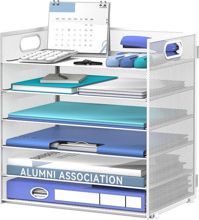 Daltack 6 Tier Paper Organizer for Desk, Paper Letter Tray Organizer for Desks, Mesh Desk File Organizers with Handle for Office, Home, School, White
