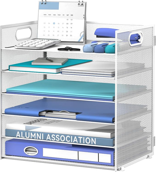 Daltack 6 Tier Paper Organizer for Desk, Paper Letter Tray Organizer for Desks, Mesh Desk File Organizers with Handle for Office, Home, School, White