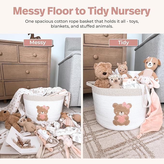 Pink Teddy Bear Storage Basket for Baby Girl Nursery – 15"x11" Cotton Rope Bin with Embroidered Bear Patch – Toy Organizer, Baby Laundry Hamper, Blanket & Diaper Holder – Foldable & Washable