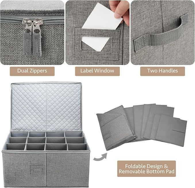 LotFancy Stemware Storage Container for Moving, Hard Shell, Wide Wine Glass Storage Box with Dividers & Handles, Stackable, Foldable Crystal Glassware Case, 21”x15.5”x10”, Grey