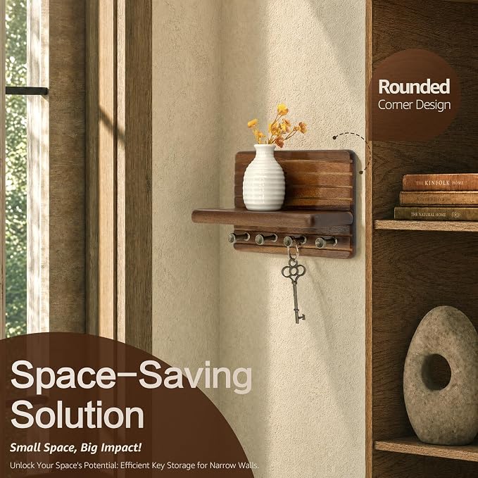 Rebee Vision Acacia Wooden Key Holder Wall Mount for Home Decor – Mini 7-inch Key Holder for Wall with 4 Sturdy Hooks & Floating Shelf - Ideal for Home Improvement (Acacia)