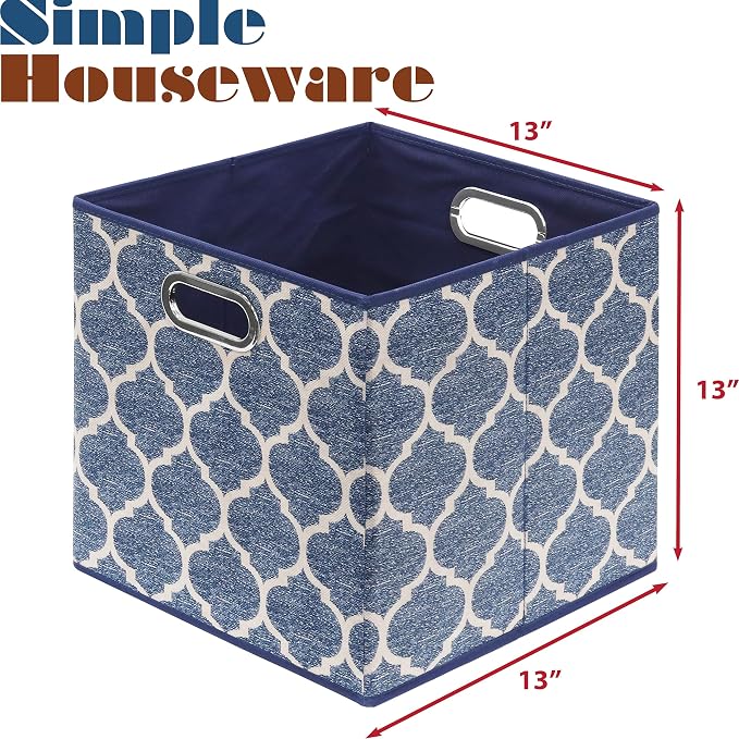 Simple Houseware 13-Inch Collapsible Fabric Cube Storage Bin with Handles, Printed Design, 3 Pack, Steel Blue